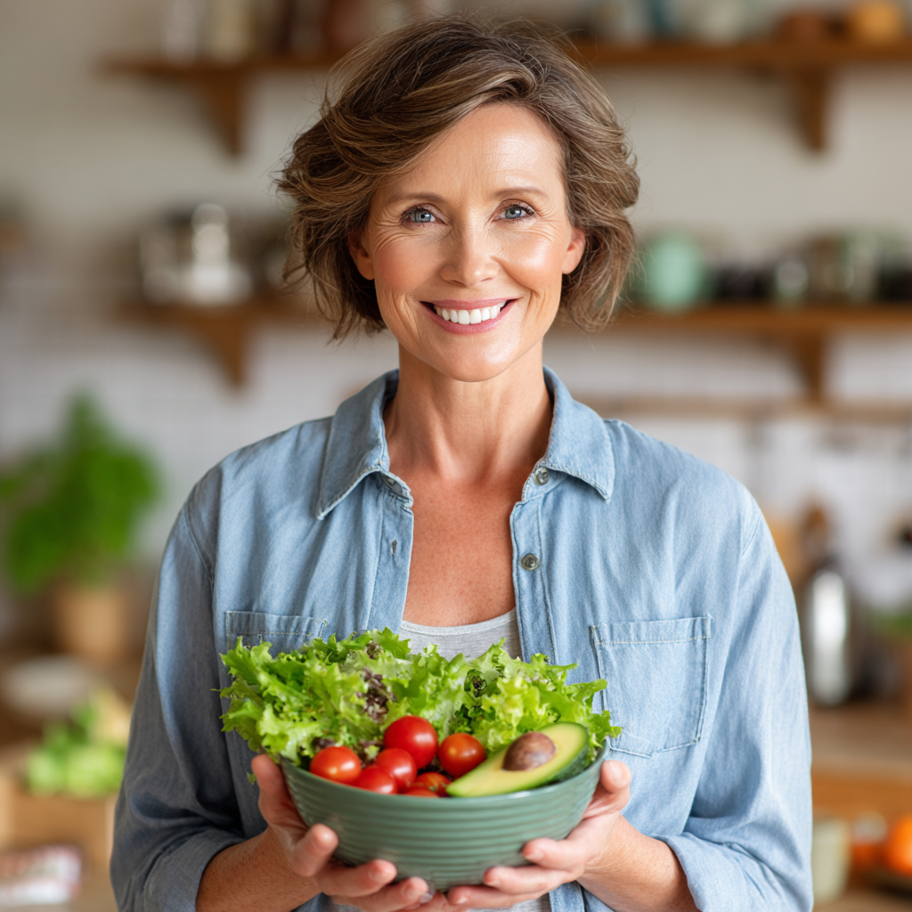Confident middle-aged woman in her late 40s with short brown hair, wearing a light blue shirt, smiling warmly while holding a colorful bowl of fresh salad ingredients including leafy greens, cherry tomatoes, and avocado in a modern bright kitchen setting