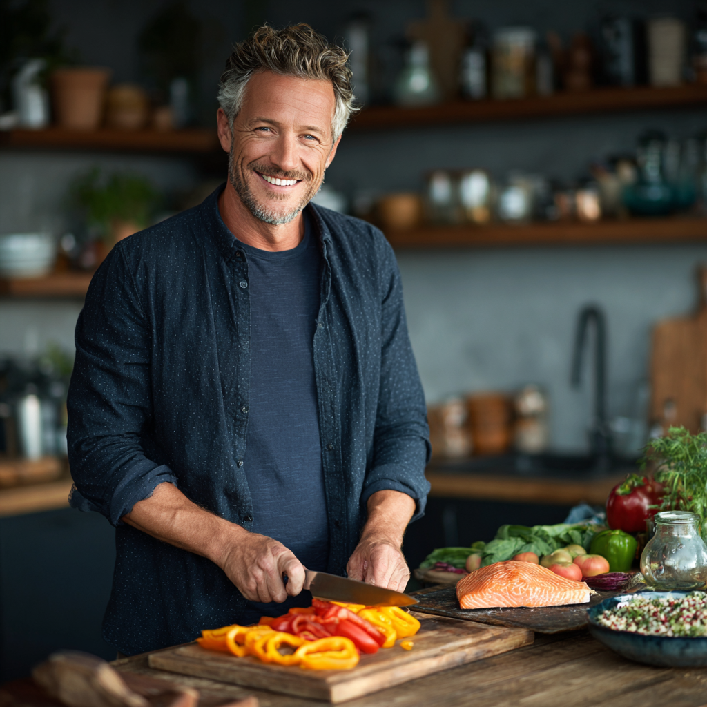 Healthy middle-aged man around 45 years old with graying temples, wearing a navy blue casual shirt, standing in a modern kitchen while preparing a nutritious meal with fresh vegetables, quinoa, and salmon, smiling confidently while chopping colorful bell peppers on a wooden cutting board